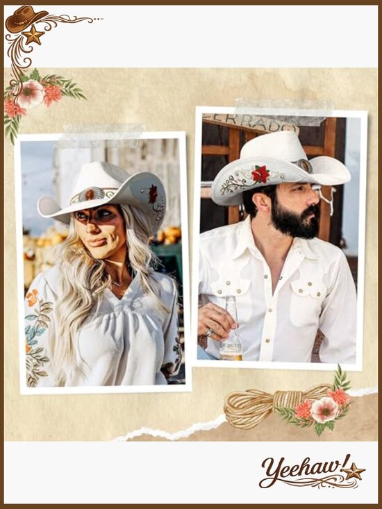 Embroidered Straw Cowboy Hat Adjustable Sizes Western Floral Design